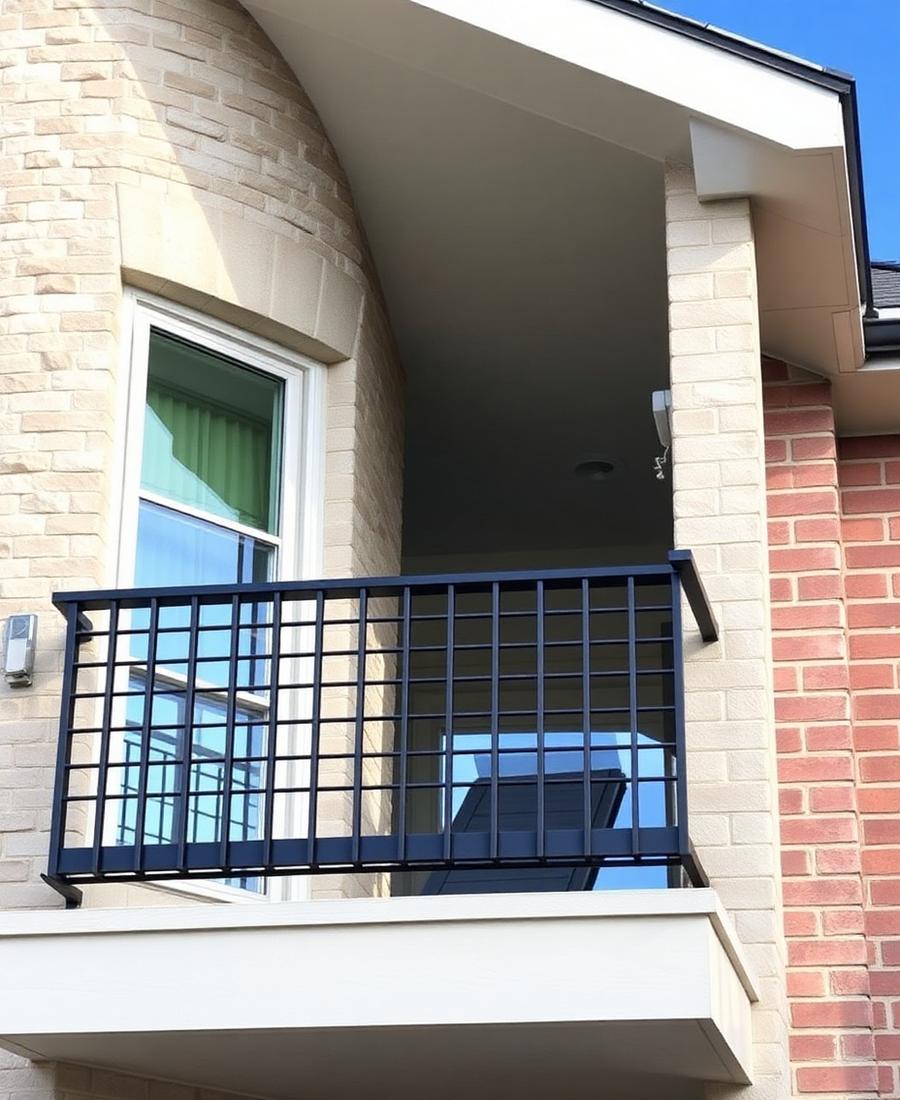 Custom black balcony railing on a brick and stone New Jersey home