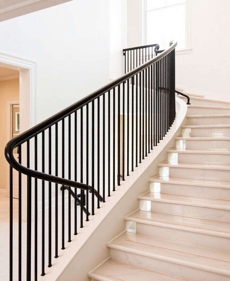 Curved black interior metal railing on a marble staircase in a New Jersey home