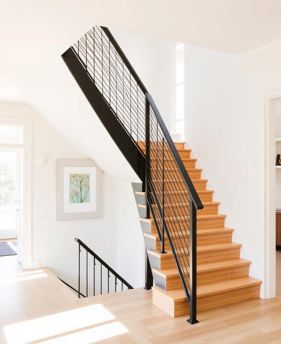 Modern interior staircase with a sleek black metal railing