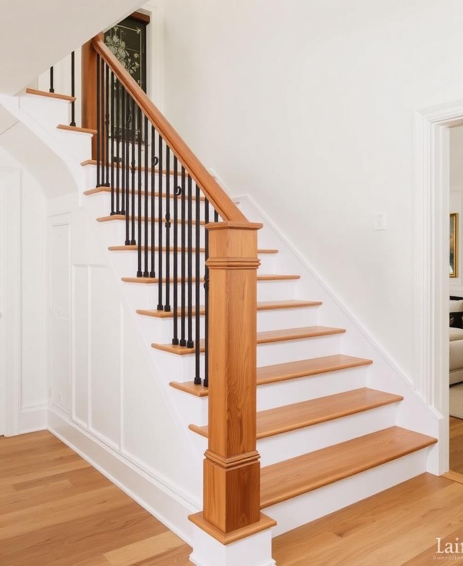 Interior stair railing with black balusters and an oak handrail