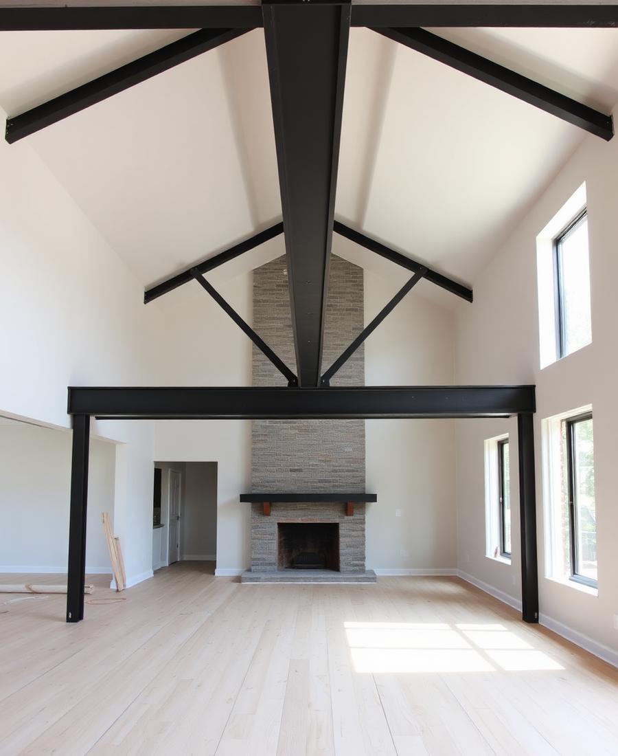 Structural steel beams installed in an open renovated living space